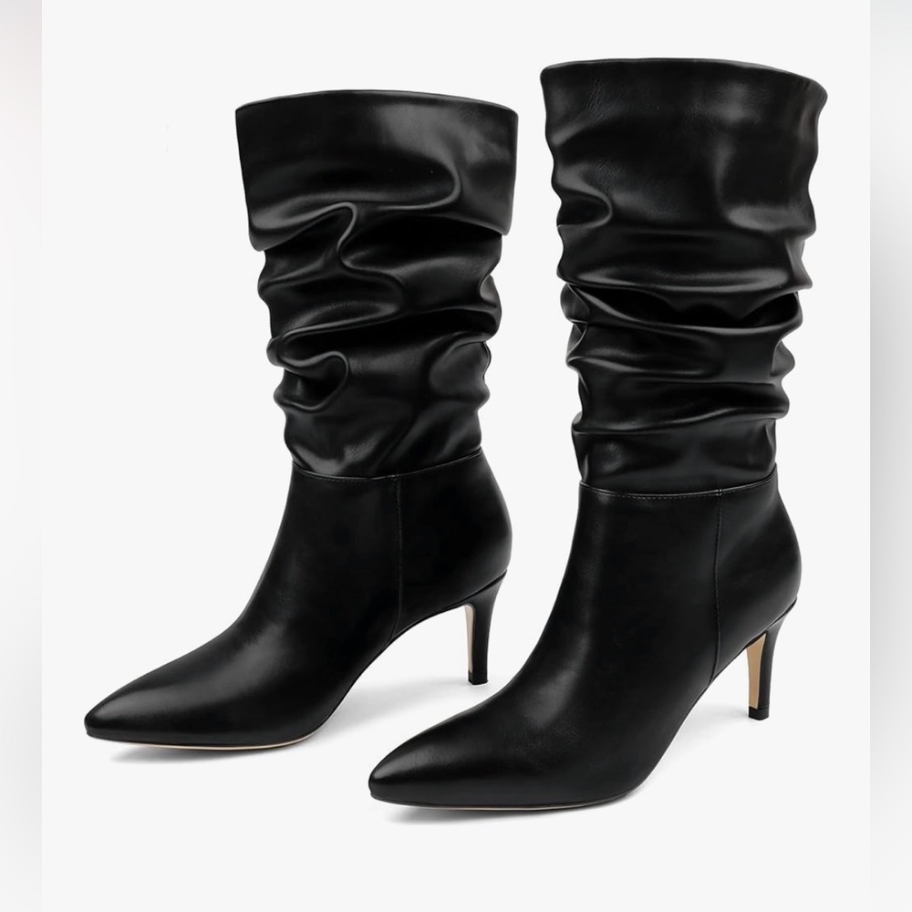 Black Slouchy Mid-Calf Heeled Boots